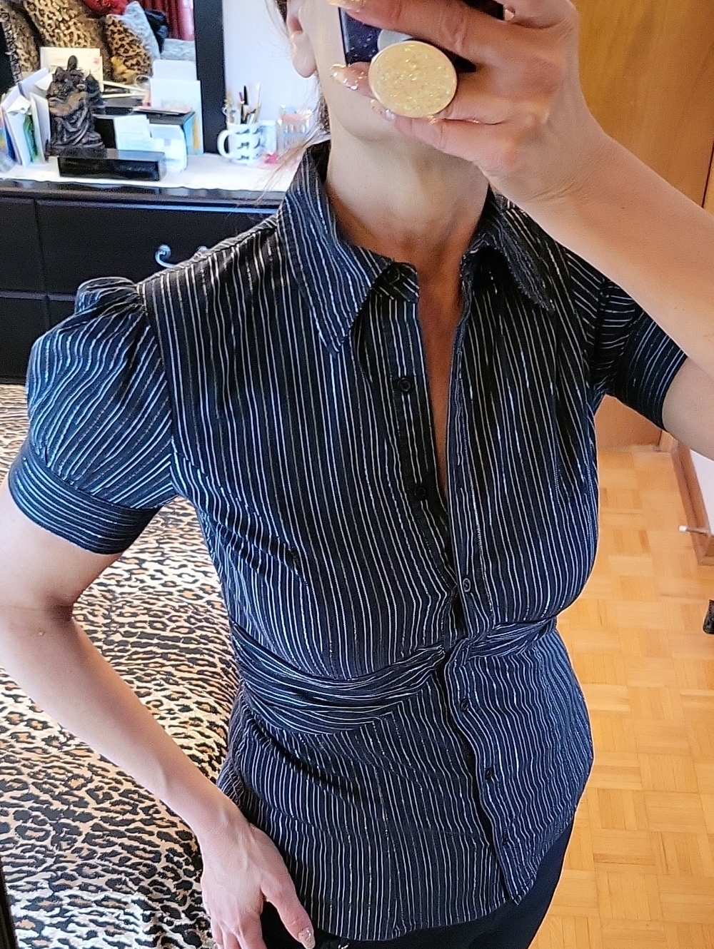 Fred David Black & SIlver Metallic Pinstripe Short-Sleeve Stretch Blouse, S